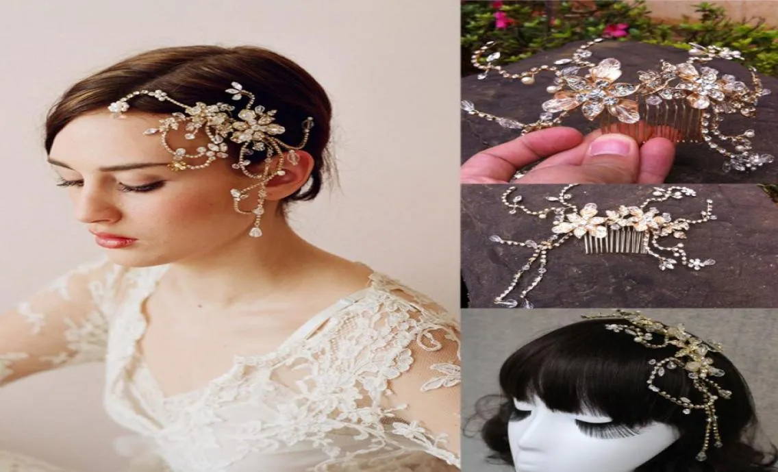 Ucuz 2015 Altın Kristal Saç Aksesuarları Çiçek Kristal Tiaras Sparkly Gelin Saç Taraklar Gelin Aksesuarları Dhyz 019018780