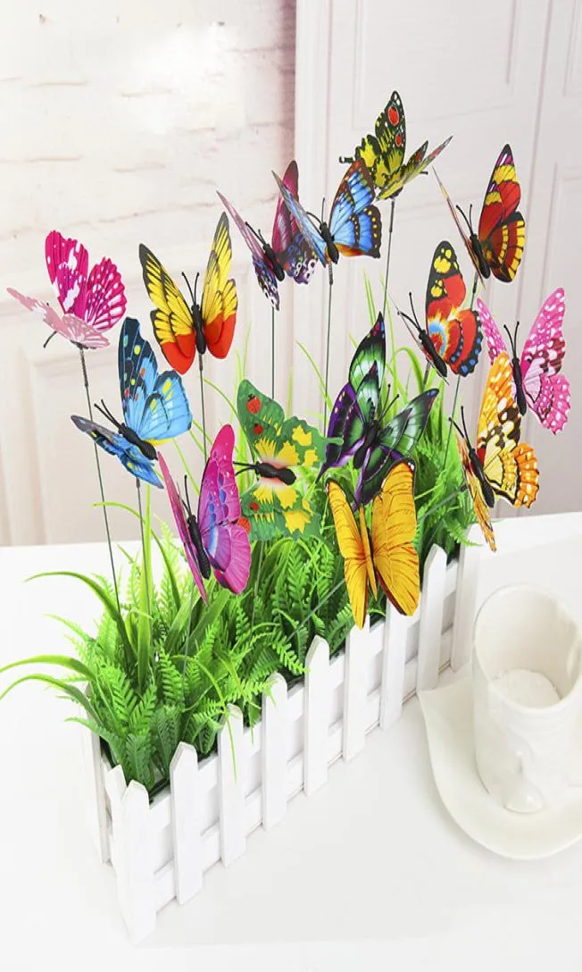 Nya färgglada dubbla vingar Butterfly Stakes Garden Ornaments Party Supplies Dekorationer för utomhusträdgård falska insekter9008921