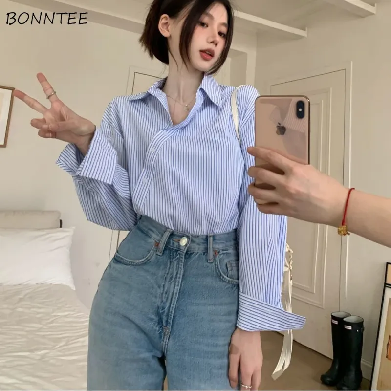 Shirt Turndown Collar Shirts Women Sideslit Asymmetrical Blue Striped Korean Style New Arrive Autumn Tops Trendy Office Lady Simple