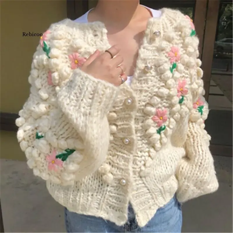 Cardigans Pearls Buttons Knitted Cardigan Women Vintage Embroidered Sweater Ball ONeck Tops Korean Loose Sweet Autumn Winter Coat