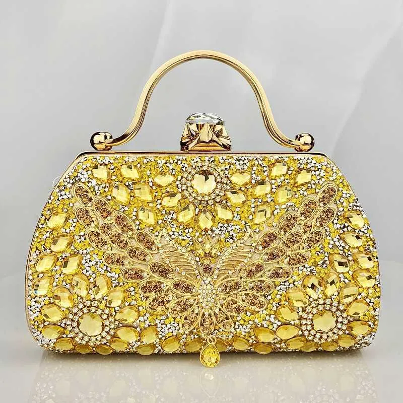 Diamond inlaid hand-held gold water diamond bag, sparkling diamond hand-held bag, wedding banquet dress evening 240306