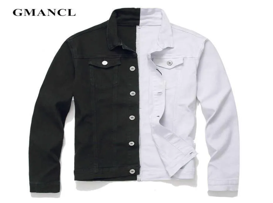 Homens streetwear preto branco twotone retalhos fino ajuste jean jaquetas motocicleta homem hip hop algodão casual denim jaquetas casacos 210927138528