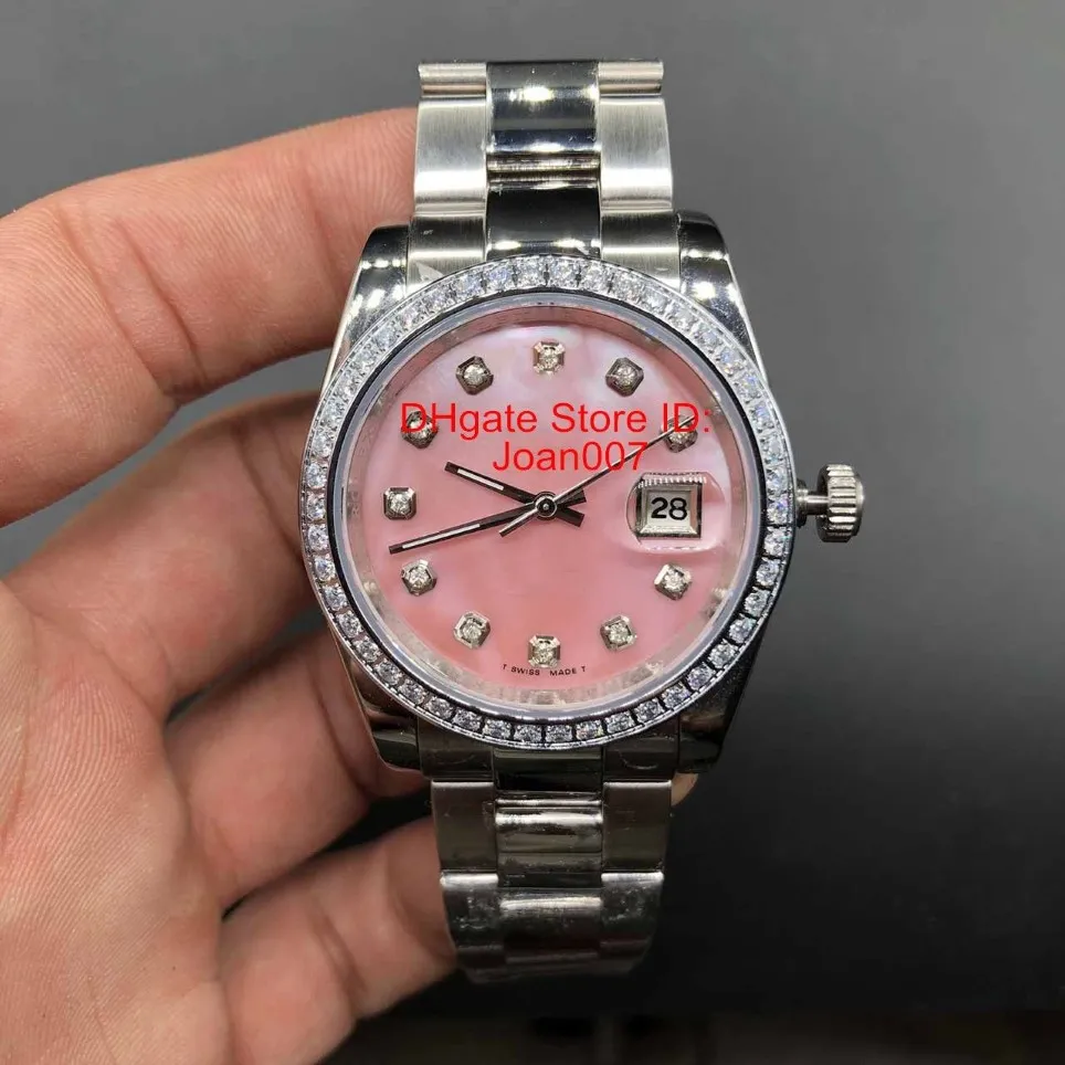 Lady Watch Diamond Bezel Pink Dial President Women rostfria klockor Kvinnliga damer Automatiska mekaniska armbandsur Sapphire Glass 205h