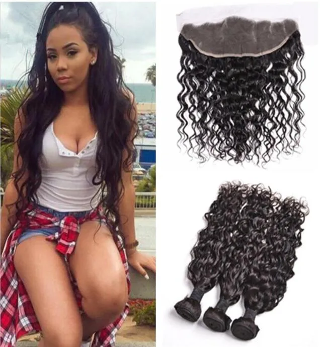 13x4 Peruvian Water Wave Lace Frontal Closure With Bundles 8A Virgin Hair Wet and Wavy With Lace Frontal 100 Human Hair Weave Ext8472968