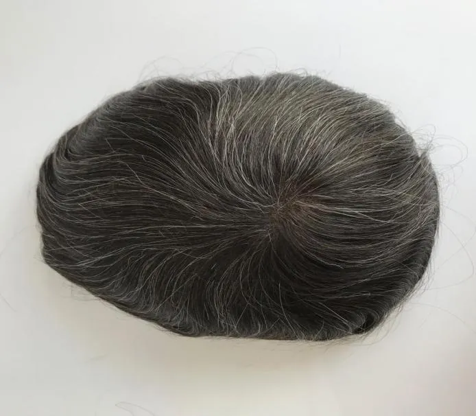 男性の薄い肌のツープフルPU 1B30グレーヘア自然見た目インドのレミーヘアクリアポリメンTOUPEE1131036