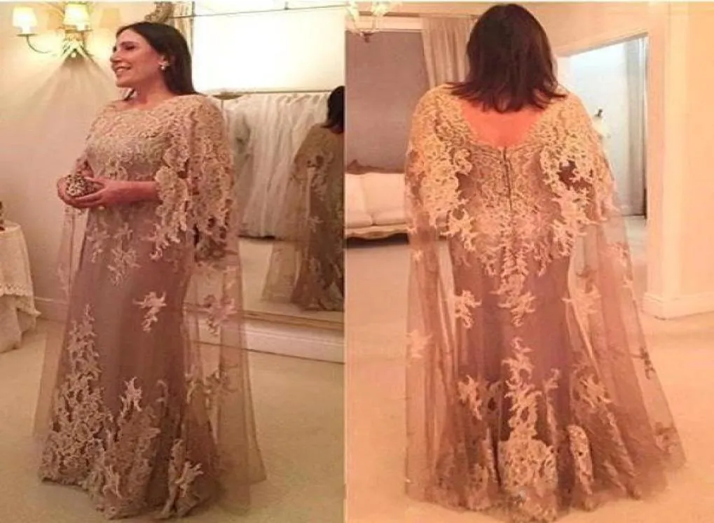 2020 Vintage Mother of the Bride Dresses Jewel Neck Lace Appliques With Cape Mante Long Plus Size Party Dress Wedding Guest G4347196