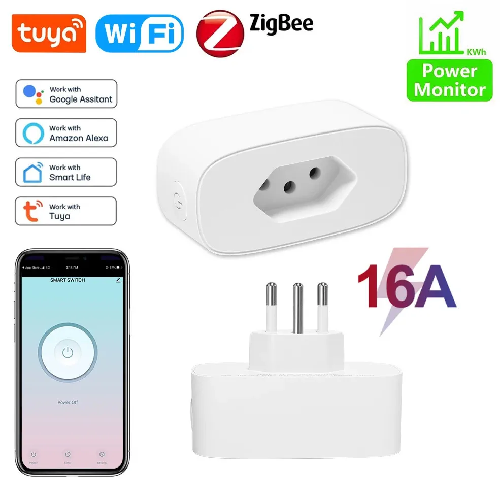 Tuya WiFi Brasilien Smart Plug 16a Brasil Inteligente Zigbee Socket Home Automation Power Outlet fungerar med Alexa 240228