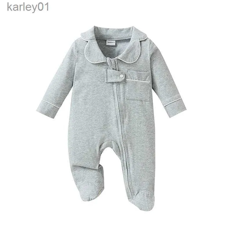 Footies Baby Boy Jumpsuit Footie Långärmad dragkedja Romper Solid Color Bodysuit Nyfödda sommarkläder som kommer hem kläder YQ240306