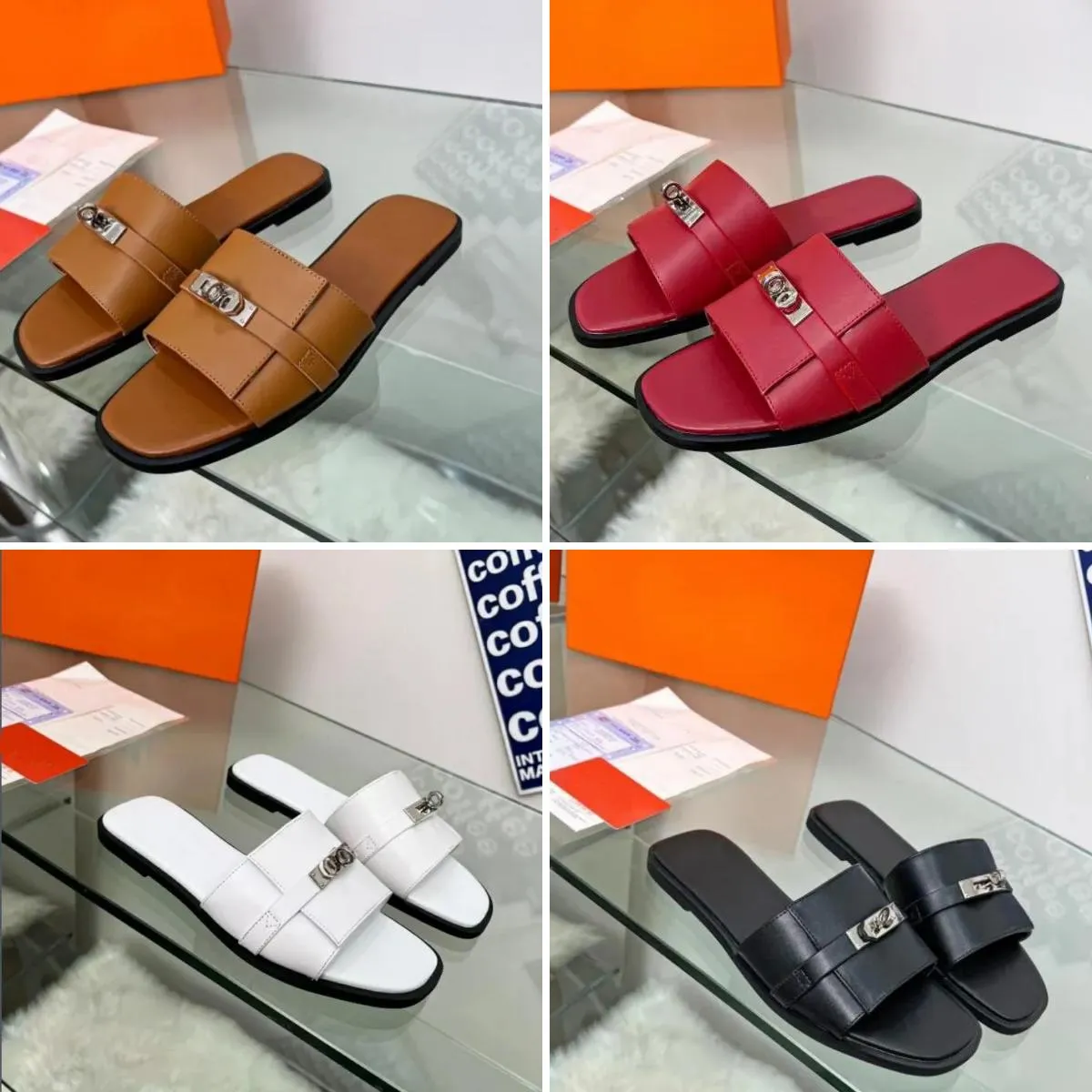 High end brand Woman sandals genuine leather small silver buckle outdoor flip flops, beach shoes size 35-42 with box and shopping bag