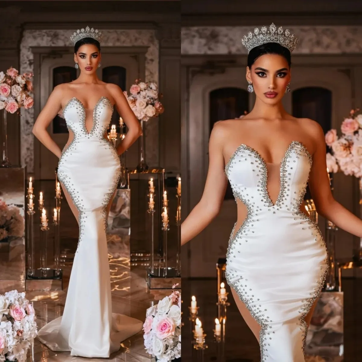 Klassieke kristal zeemeermin trouwjurk strapless bruidsjurken mouwloze diepe v nek bruid jurken op maat gemaakte vestido de novia