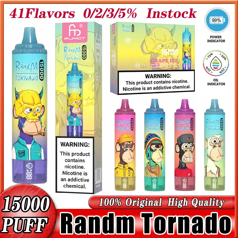 Fumot RandM Tornado 15000 затяжек Электронные сигареты 41 вкус Одноразовая ручка для вейпа 850 мАч Кальян Зарядка типа C 25 мл Предварительно заполненный контейнер Дисплей для батареи Разз-бар 15 тыс. Вейпер 15000