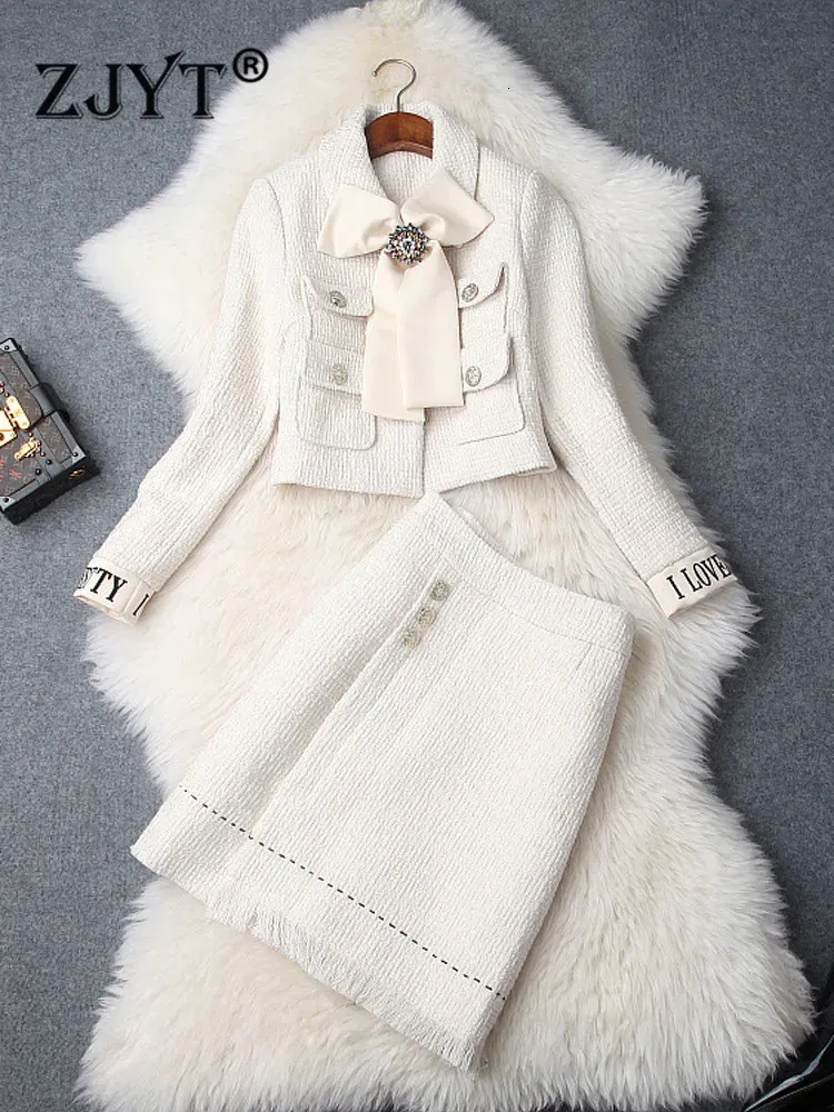 ZJYT Подиумная мода, комплект из твидового пиджака и юбки для женщин, зимний комплект из двух предметов с бантом и вышивкой, офисное платье, костюм 240223