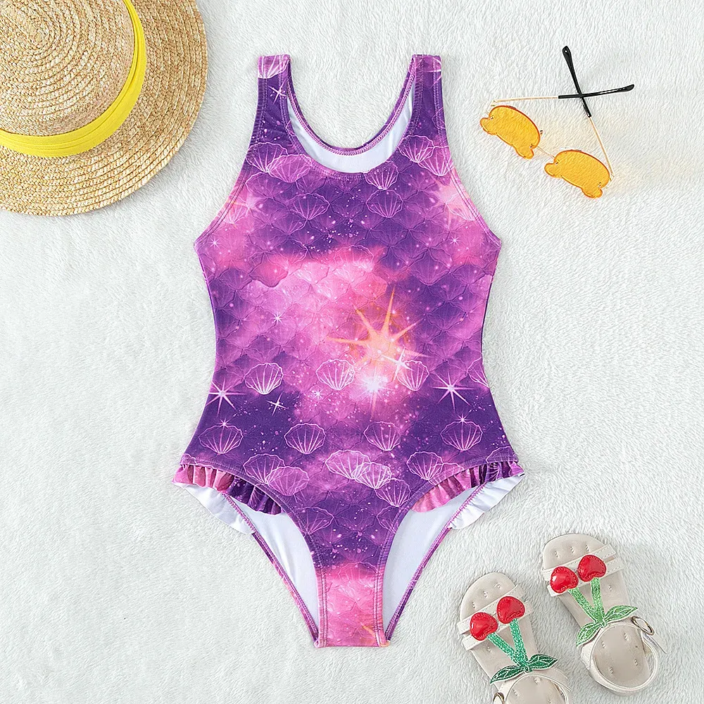 Swimwear New Girl Bikini Children Swimsuit Teenage Girl One Pieces Swimwear purple Bling Patchwork Bathing Suit 314Y