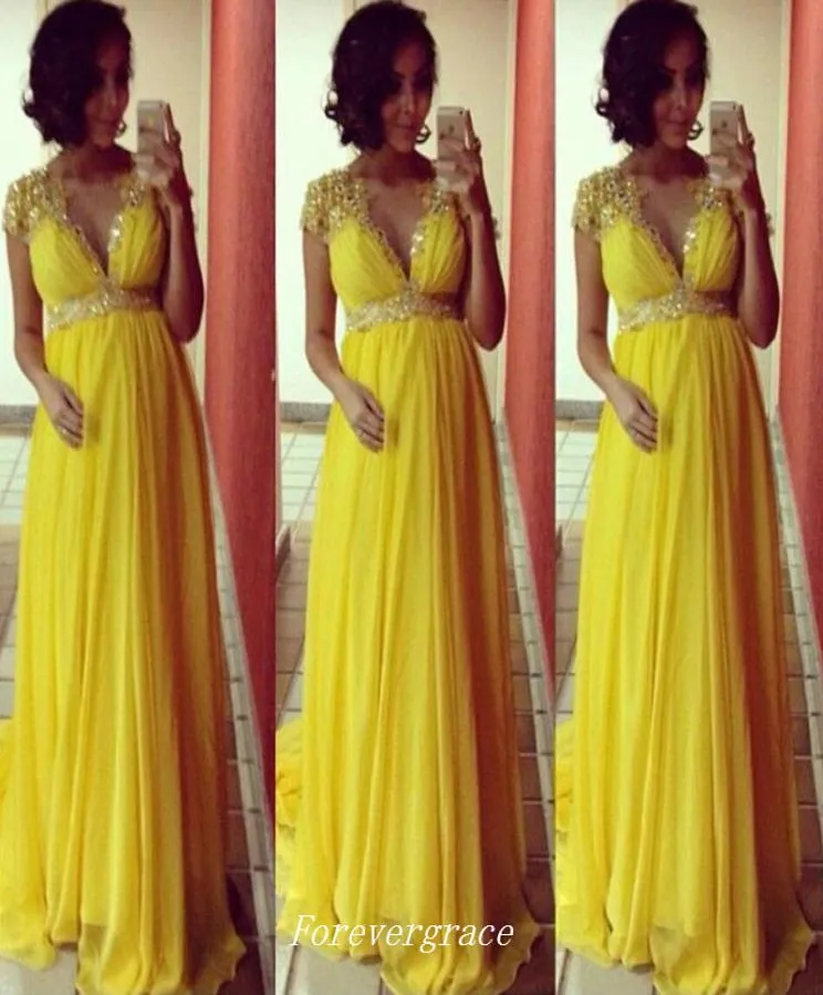 Sarı renk derin v boyun balo elbisesi yüksek kaliteli boncuklu şifon kadınları giymek pageant parti elbisesi özel yapılmış artı boyutu2182531