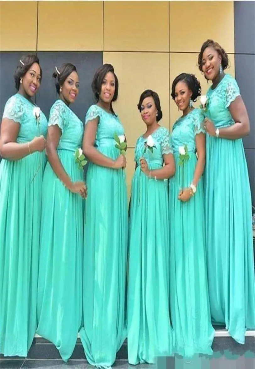 Bridesmaids Dresses Mint Green Chiffon Lace Maid of Honor Gowns Custom Made Cap Sleeves A Line Long Evening Gowns BM01451905150