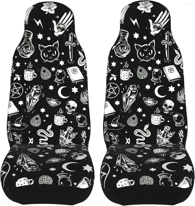 Auto -stoelbekleding 2 pc's Cover Skull Cat Moon Gotic Front Protectors Universal Fit For Auto Sedan Vehicle