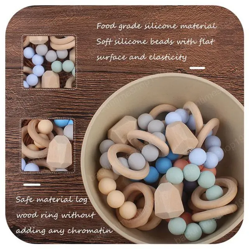 Natural Wooden Ring Teethers for Baby Candy Color Health Care Accessories Infant Fingers Exercise Toys Eco-friendly Silicon Beaded Soother