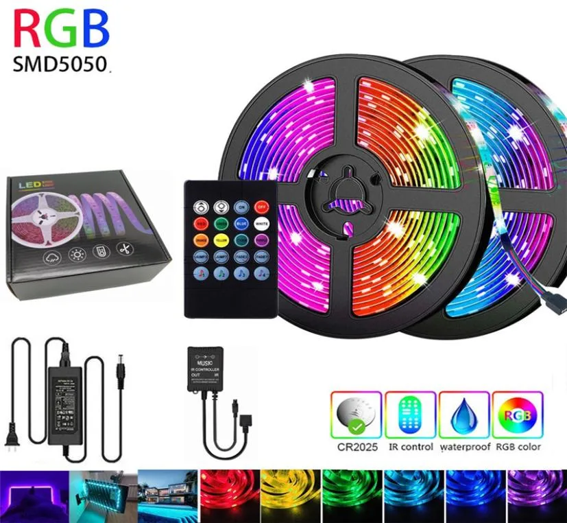 RGB LED Strip Light SMD5050 Diodo Fita Flexível 5M 10M LED Strip Conjunto Completo com Controlador de Música 20 Teclas Remoto 12V Power Adapter4879211