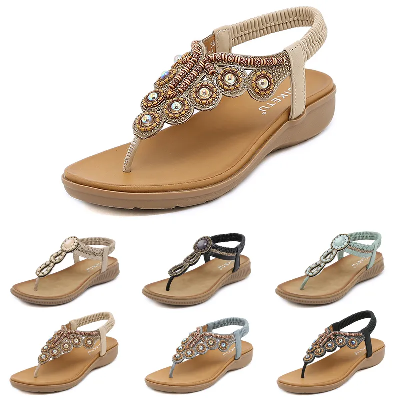 Sandales bohème femmes pantoufles cale gladiateur sandale GAI femmes élastique chaussures de plage chaîne perle Color60 TR