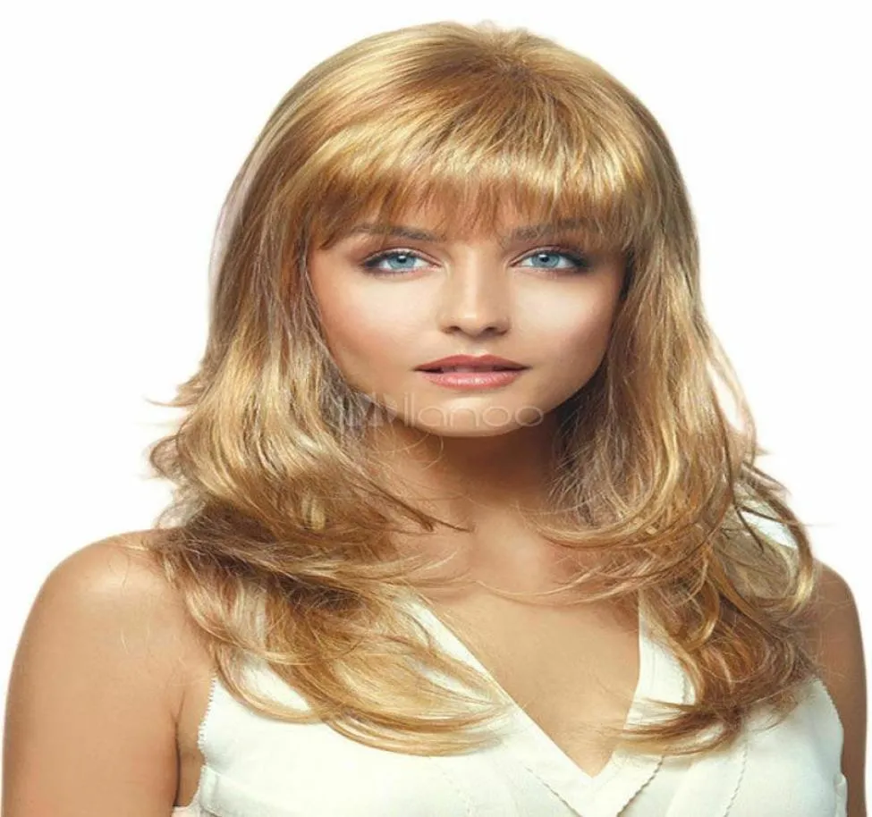 Women039s Blonde peruker Tousled Long Curly 100 Human Hair Wigs With Bangs5608332