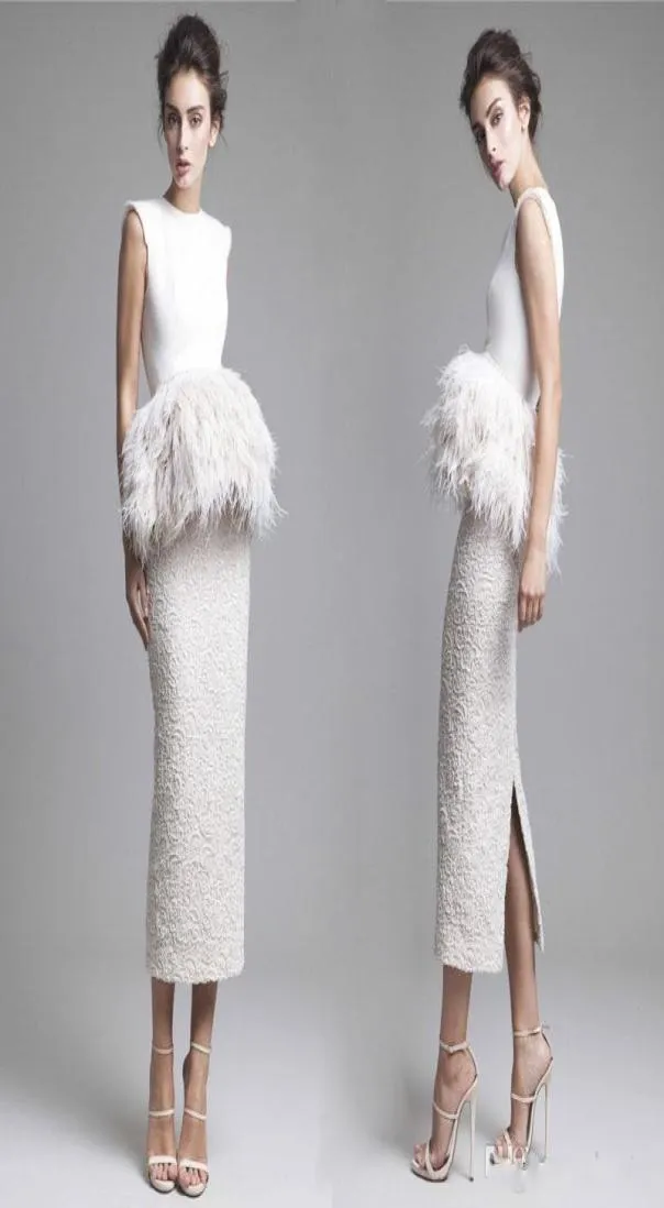 Latest 2016 Krikor Jabotian Evening Dresses Sleeveless Jewel Neck Satin Lace Feathers Prom Gowns Tealength Pencil Cut Vestidos De5407668