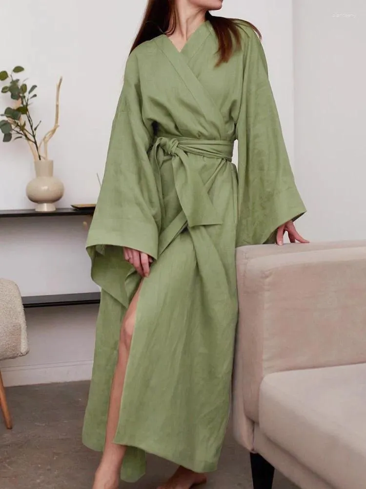 Women's Sleep Lounge Womens Sleepwear Linad Green Robes For Women Loose Long Sleeve V Neck Sashes 2024 Autumn Bathrobe Female Casual Nightwear Solid Pajamas