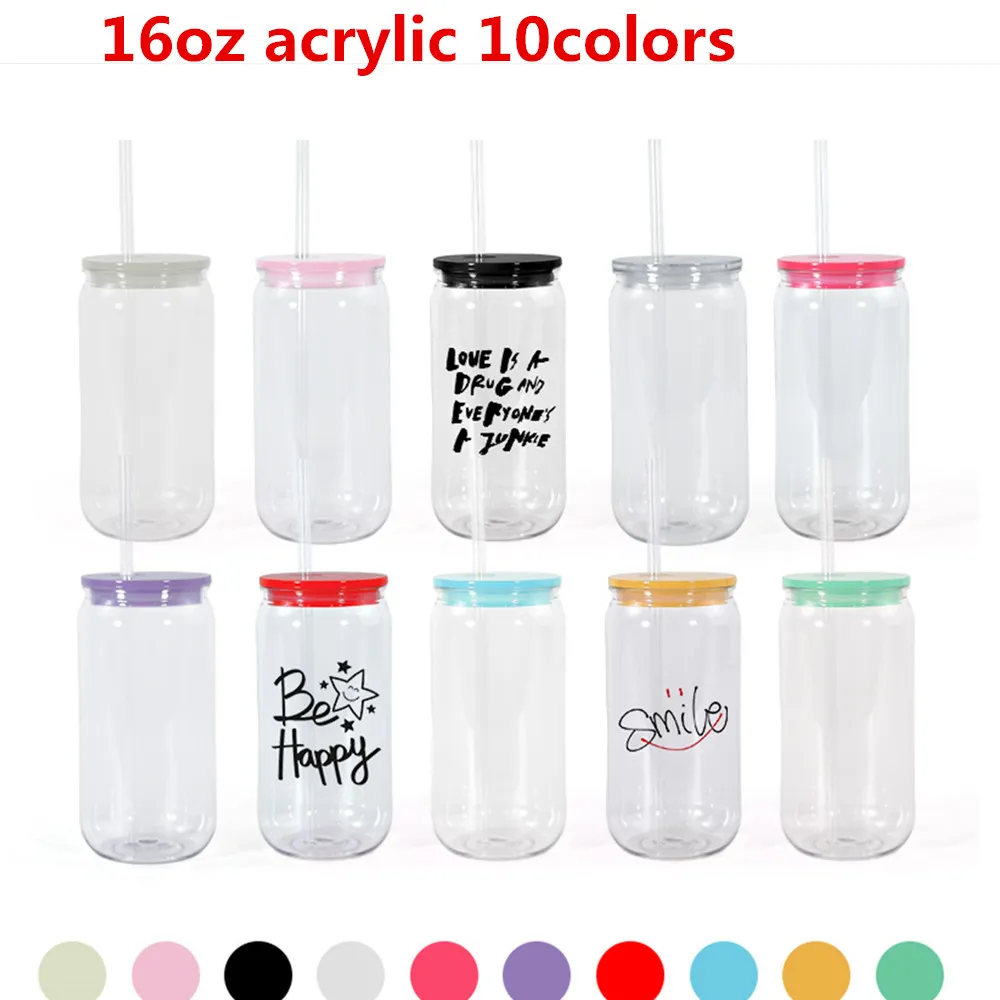 16oz Plastic tumbler with colorful lids Acrylic Libbey Plastic can with Straw for Vinyl UV DTF sticker Summer Drinkware Mason Jar drinking cups fast shipping