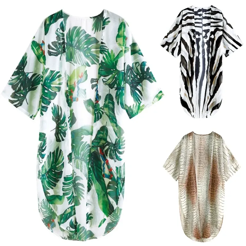 Cover-up Women Summer Boho Flowy Kimono Cardigan Leaves Zebra Snakeskin 3D Print Bikini Swimsuit Cover Up Open Front Chiffon Beach M6CD