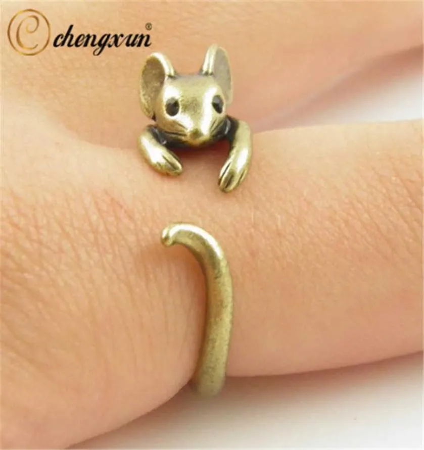 Chengxun Boho Chic Vintage Ottone Knuckle Regolabile Mouse Animale Avvolgere Anello da diserbo Gioielli di moda da donna Q07089093099