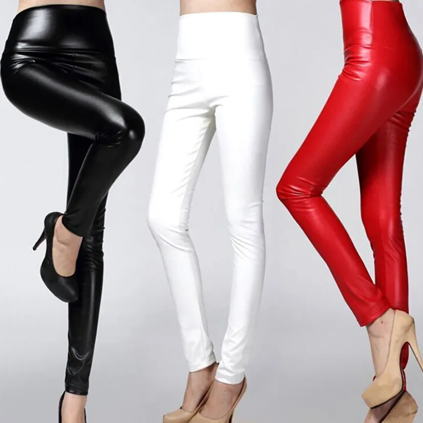 Capris Women Sexy Faux Leather Leggings High Waist PU Fleece Female Plus Size Trousers Winter Pants Ladies Leggins Multicolor Fashion