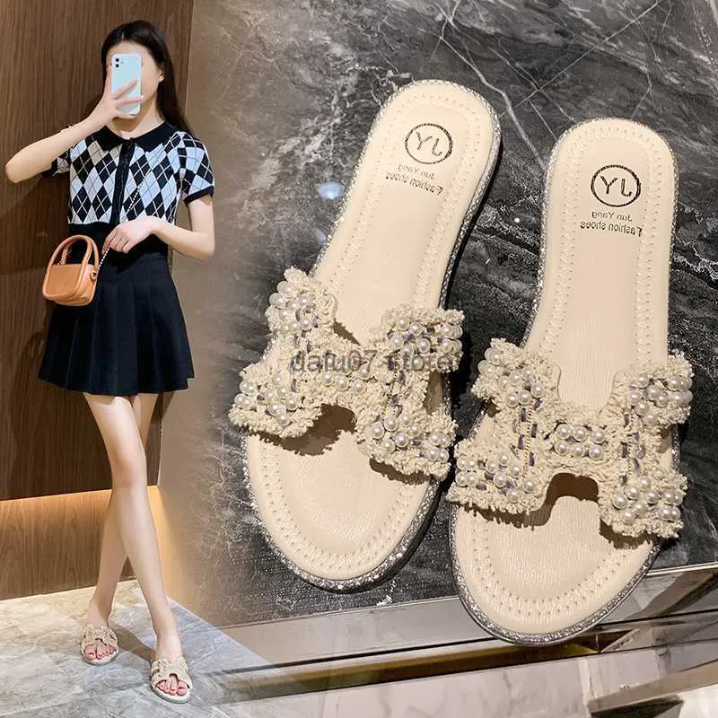 Slippers for women to wear outside in summer 2022 new fashion net red soft bottom versatile Rhinestone Pearl word cool dragH240306