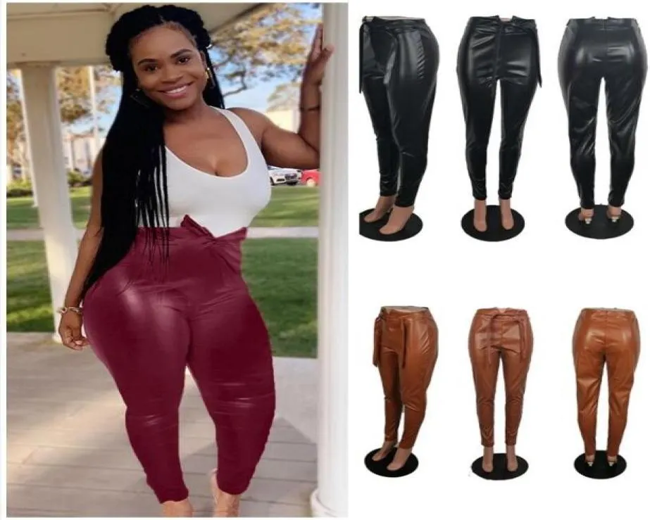 Plus Size Womens PU Leather Pants High Waist Tights Leggings Front Belt Bow Back Zipper Tight Pencil Pants Fashion Party Casual Bo1864651