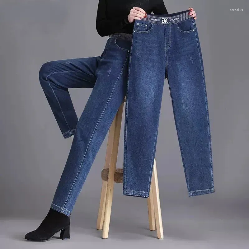 Kvinnors jeans pojkvän stil denim pantalones s-4xl casual jogger elastic hög midja harem vaqueros vår ankel längd baggy byxor