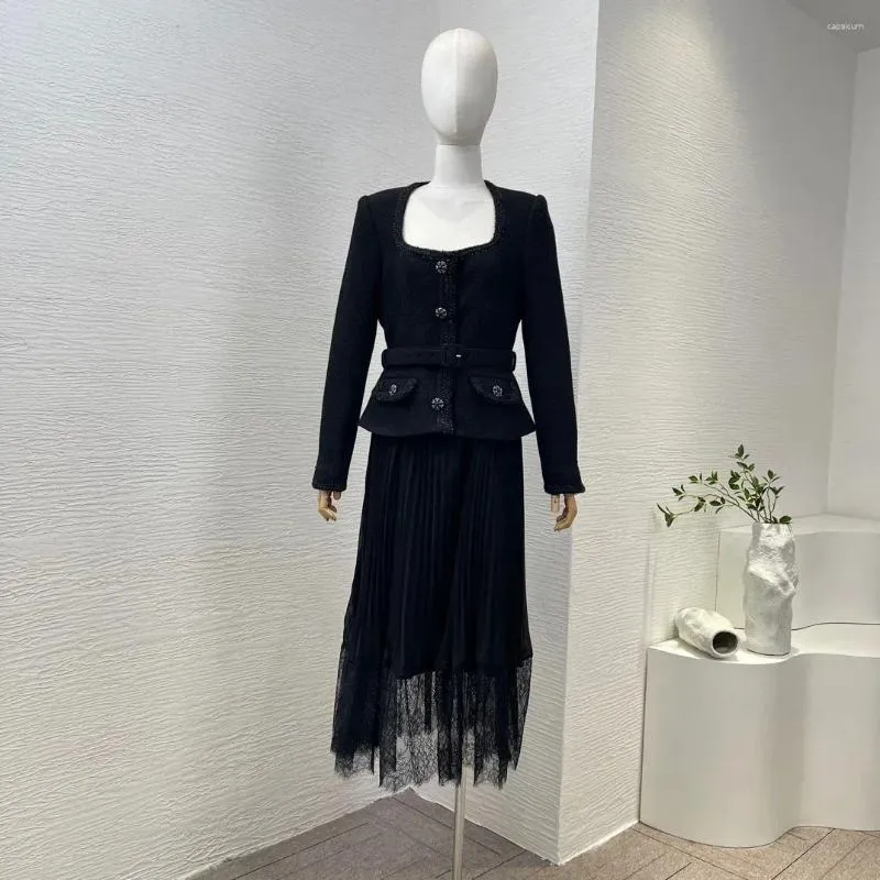 Casual Dresses 2024 High Quality Tweed Jacket Patchwork Pleat Ruched Long Sleeve Belted Women Midi Dress