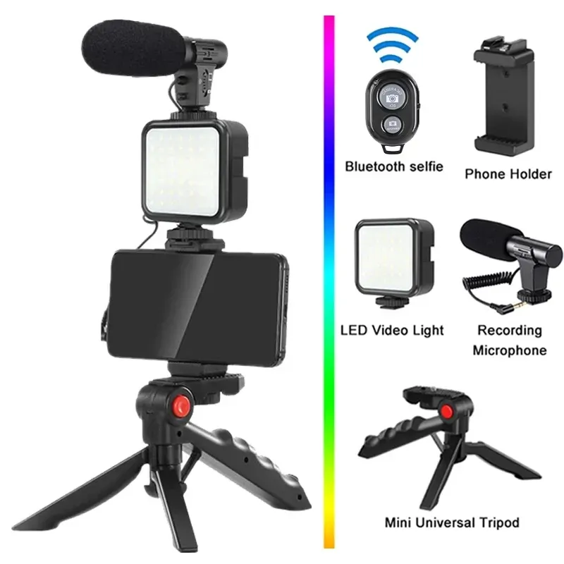 Akıllı Telefon Video Kiti Mikrofon Braket Fotoğraf Aydınlatma Telefon Tutucu LED selfie Tripod Kayıt Tutucu Taşınabilir Stabilizatör
