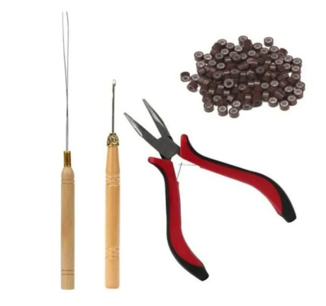 Hårförlängningsverktygssats fjäderplås krok dragnål 100 st mikro silikon länk ringar bruna pärlor slingor diy hårstyling verktyg1447445