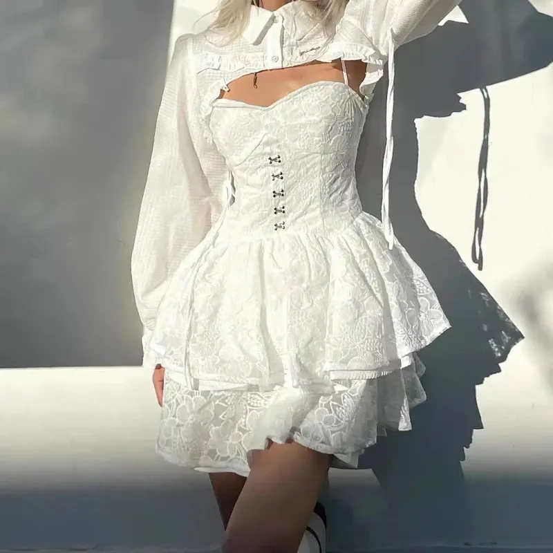 Abito Hot Girl Pizzo Bianco Kawaii Lolita Abito Donna Cascading Ruffles Manica lunga Abito da fata Cinghie Festa di compleanno Abiti Quinceanera