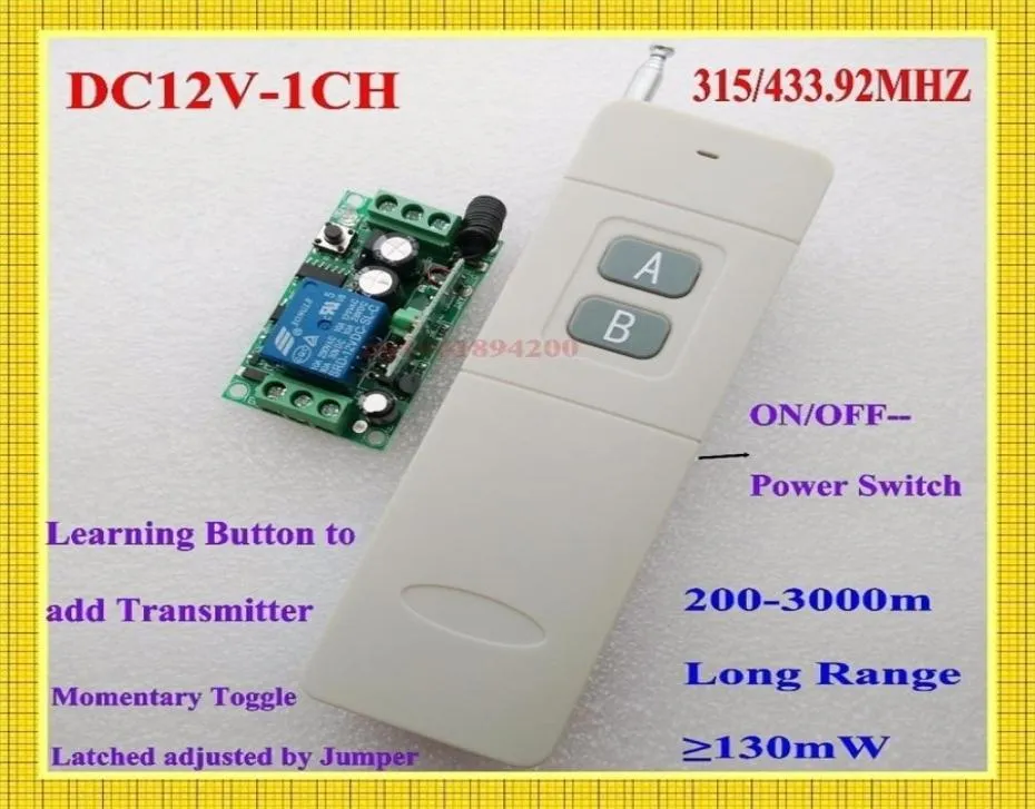 3000 m lång räckvidd Remote Control Switch DC 12V 1 CH 10A Relämottagare Transmitter Learning Light Lamp Wireless Switch 315433MHz T29575606