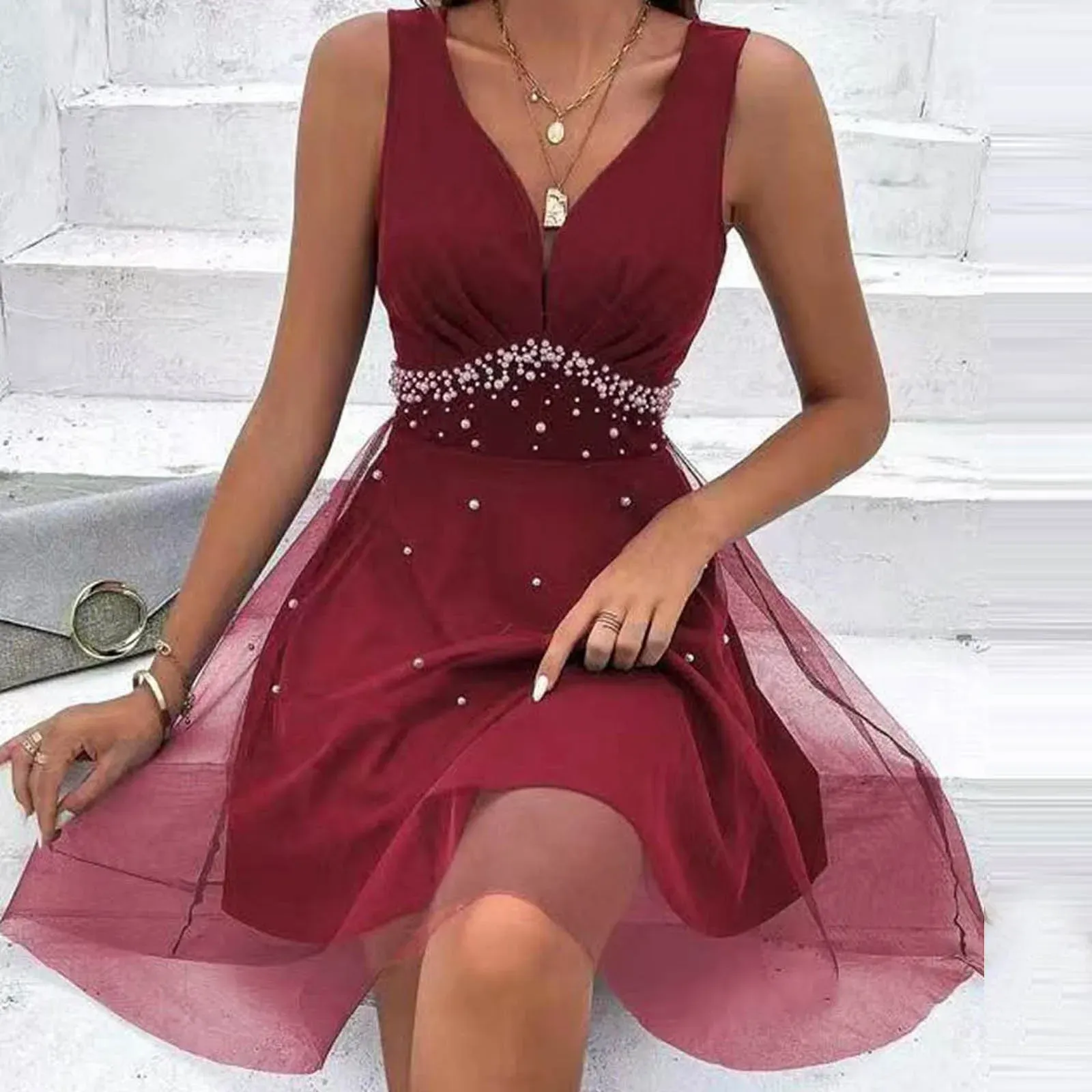 Robe Élégante Et Jolie Robes Pour Femmes Col En V Profond Sans Manches Dos Ouvert Taille Robe De Mariée Chic Occasion Formelle Cocktail Fête Bal