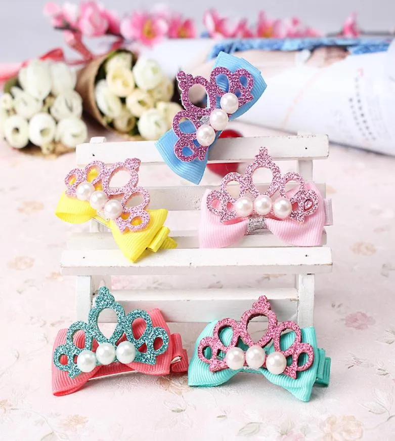 Ashion Children Hair Clips Shiny Crown With Pearl Barrettes Ribbon Bow Crown Baby Girl Hair Pins Haar Speldjes Meisje1118988