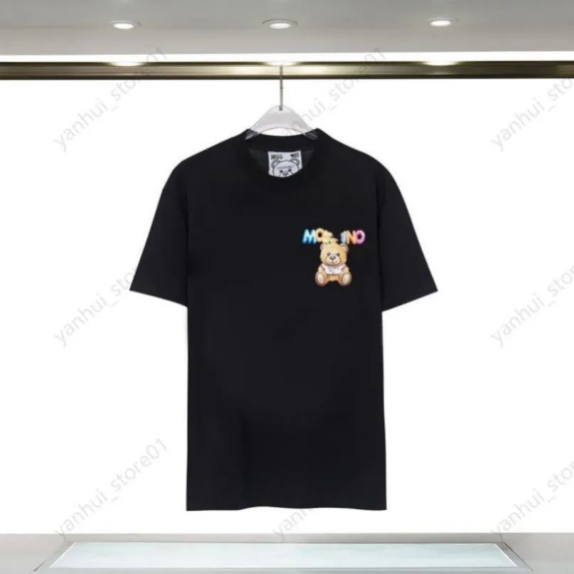 2024 Primavera / Verão Moschinoes Camiseta feminina Urso de pelúcia desenhado à mão esboço estampado solto encaixe unissex de manga curta camiseta puro algodão versão moderna hb