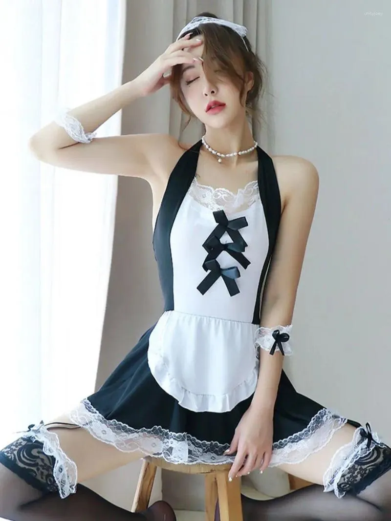 Bras Sets Sexy Lingerie Cosplay Costumes Erotic Maid Passion Flirting Uniform Skirt Underwear Black Lace Apron Intimate Kimino