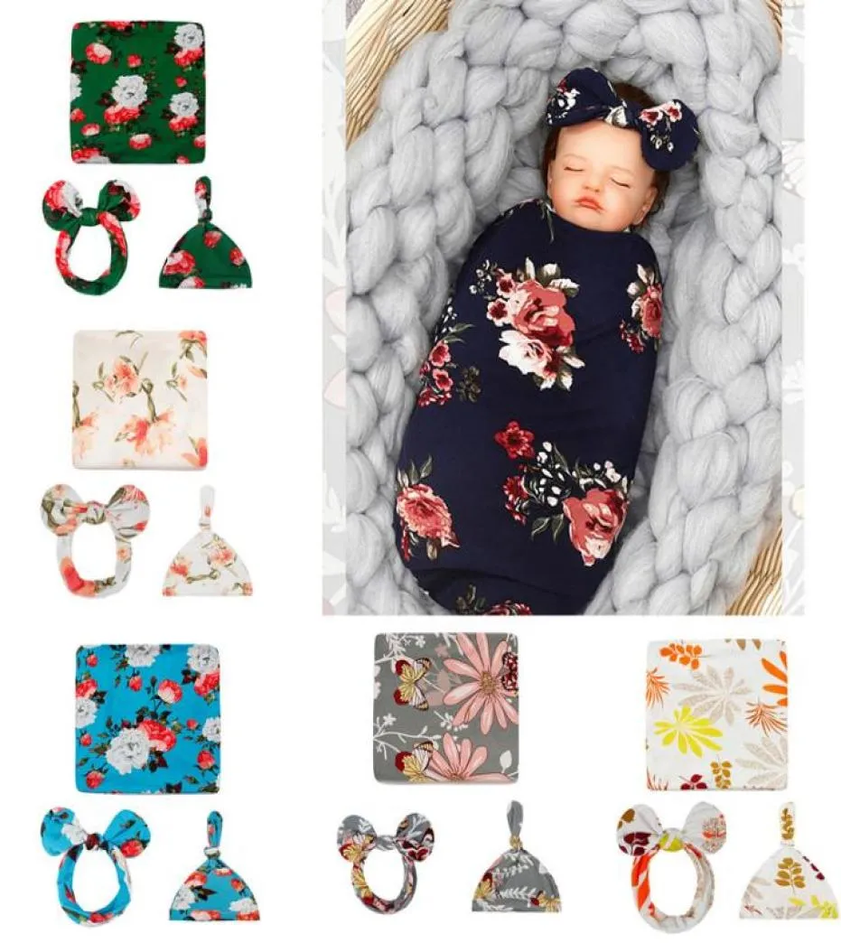 Bebê recém-nascido swaddle cobertor arco gato bandana chapéu 3 pçs sacos de dormir flor borboleta impressão envoltório ins criança dos desenhos animados sacos de dormir 3875436