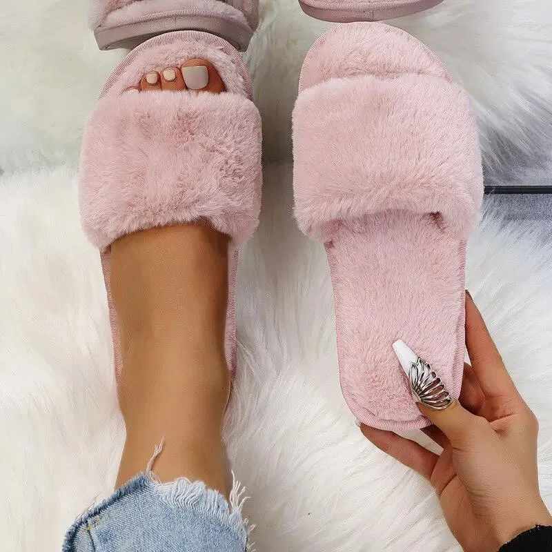 Slippers Winter Women House Furry Non-Slip Casual Indoor Flats Floor Shoes Ladies Flip Flops Warm Solid Colors