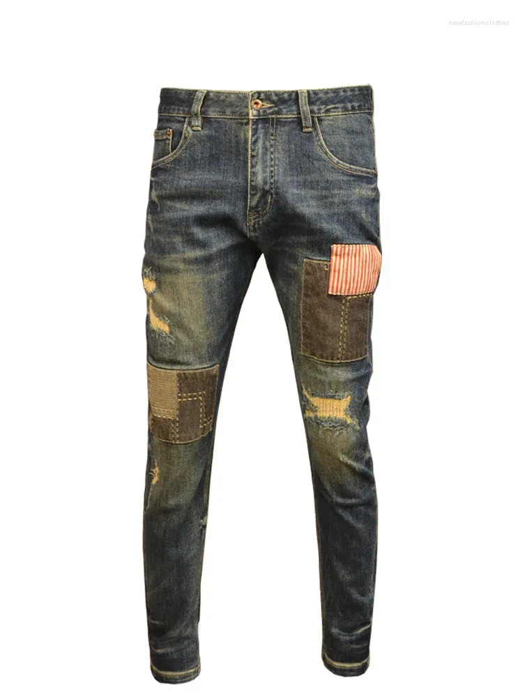 Jeans da uomo Pantaloni da moto casual lavati con patch skinny retrò nostalgici strappati belli elasticizzati slim fit