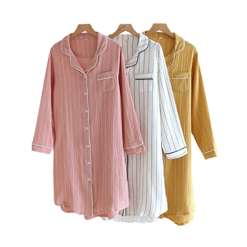 Robes Chemise de Nuit Femme Manches Longues Grande Taille Coton Chemise Rayée Mi-longue Robe de Nuit avec Bouton Vêtements de Nuit Femmes Chemise de Nuit Maison