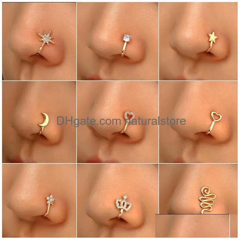 Кольца в носу-шпильки 16 стилей Маленькие медные поддельные кольца в носу для женщин без пирсинга позолоченные клипсы на манжетах-гвоздики для девочек модная вечеринка Je Dhaql
