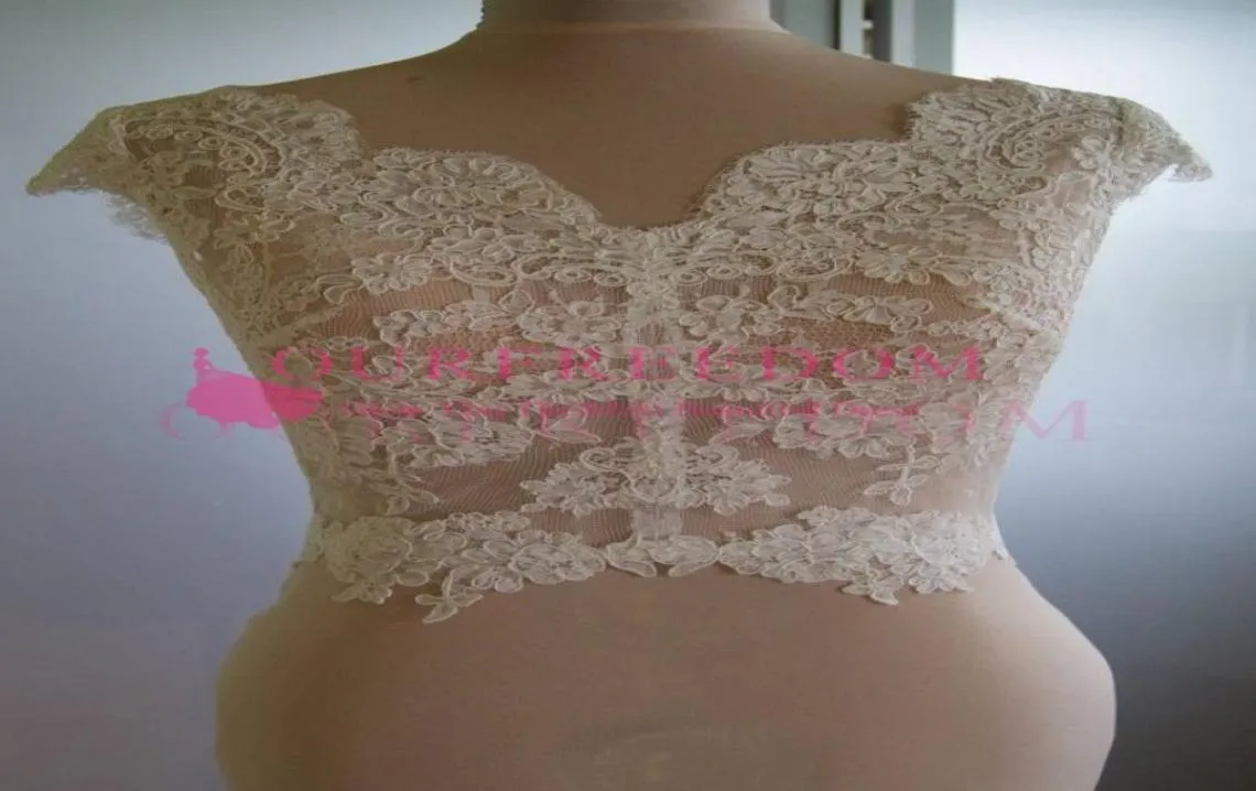 Niestandardowe eleganckie, bez rękawów koronkowe aplikacje kurtka ślubna Vintage Wedding Bolero Kurtka ślubna Pokrywa ślubna akcesoria ślubne 5411417