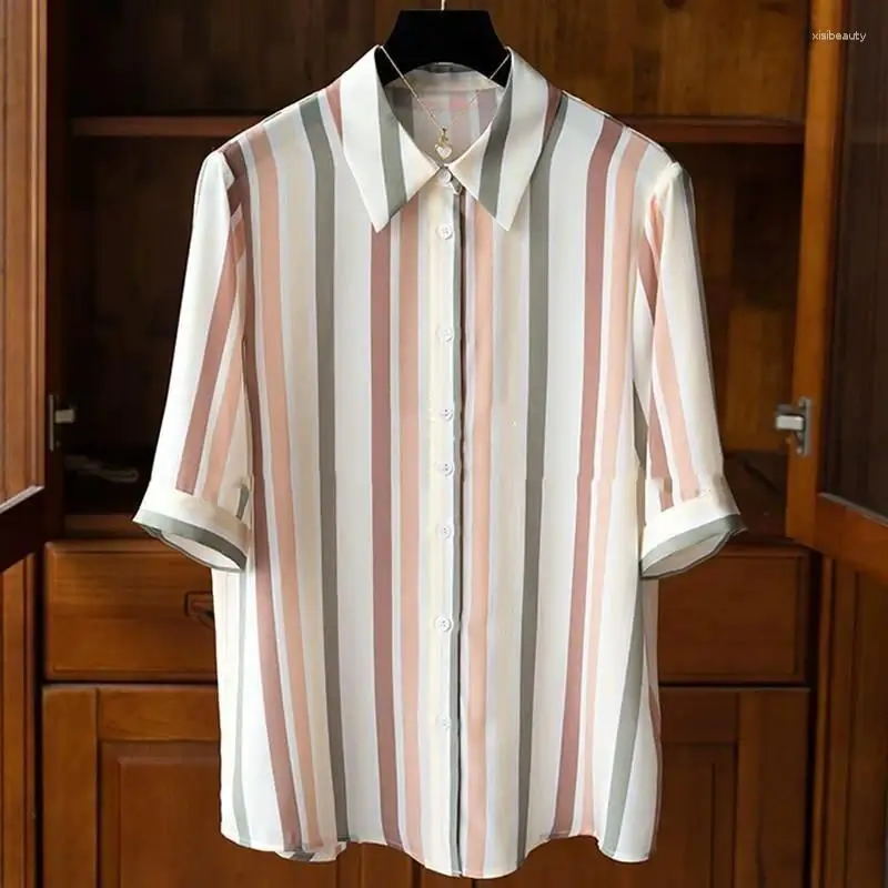 Blouses des femmes Couleur délicate verticale Stripe imprimé à manches courtes Shirt Top Femmes Camisas de Mujer