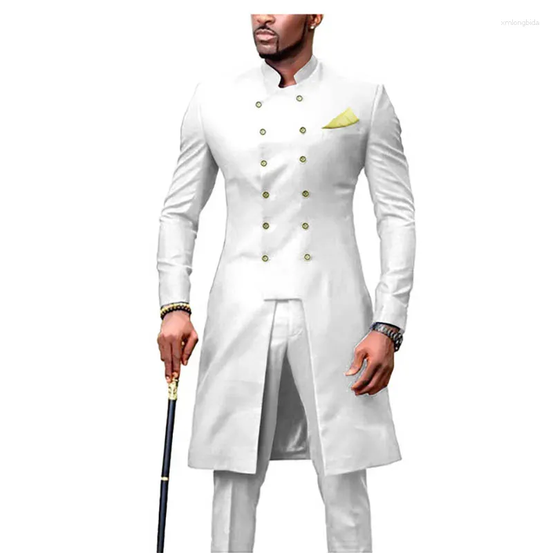 Abiti da uomo JELTOIN Design africano Bianco Uomo Colletto alla coreana Doppio petto Matrimonio per lo sposo 2 pezzi Cappotto lungo Pantalone